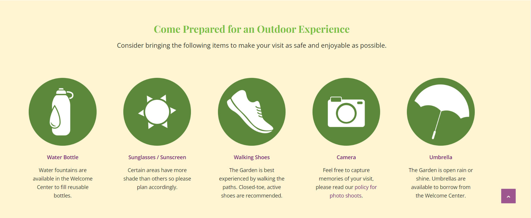 "Come Prepared for an Outdoor Experience." "Consider bringing the following items to make your visit as safe and enjoyable as possible." "Water Bottle, Sunglasses/Sunscreen, Walking Shoes, Camera, Umbrella."