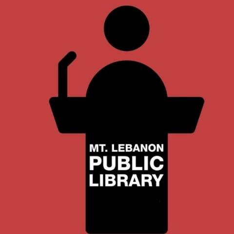 icon of speaker at lectern with library logo