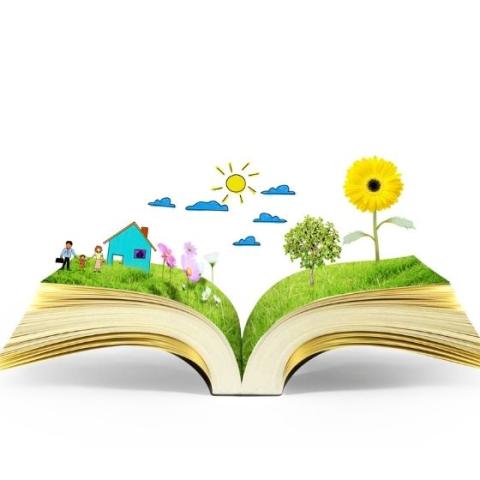 open book with illustrated house, family, trees and flowers