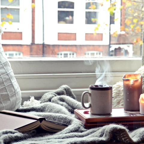 Book, blanket, and steaming mug of tea