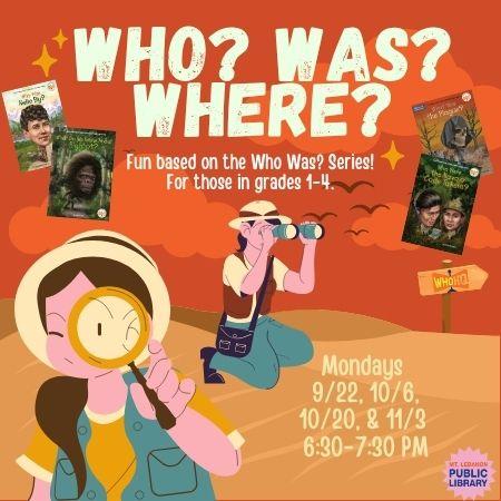 Activities and fun from the Who Was? series! Reading ahead of time not required! For those in grades 1-4. Please register individually for each session. Registration will open @ 9:00 AM two weeks from the program. 