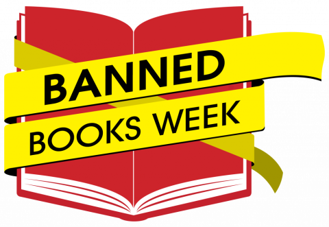 Banned Book Week logo of red book with yellow caution tape