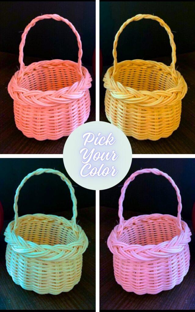 Four woven baskets in pastel colors