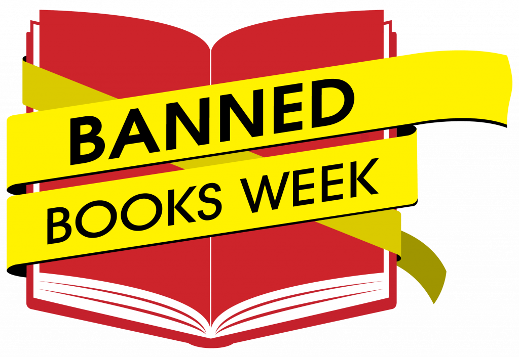 Banned Book Week logo of red book with yellow caution tape